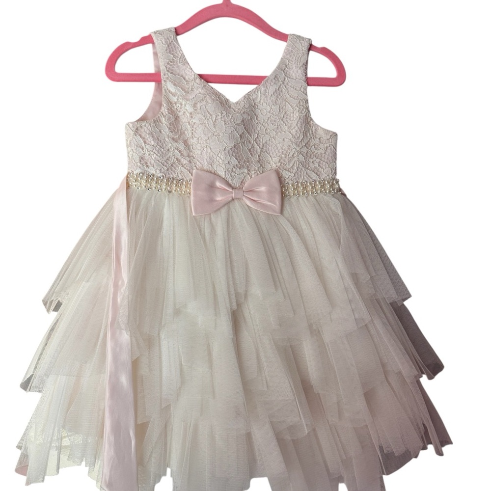 American Princess Cream Layered Dress with Pink Bow 2T